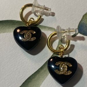 Chanel Crystal CC Black Enamel Heart Hoop Earrings